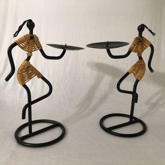 unbrandrd Other - Tribal Art Candle Holder – Vintage Black Wrought Iron with Rattan Figure